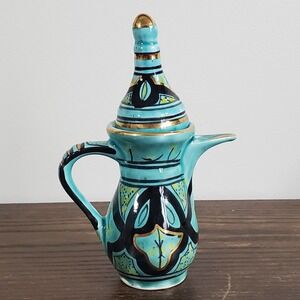 Artisanal‎ Moroccan Ceramic Dallah Coffee Pot Turquoise Gold Hand Painted Small